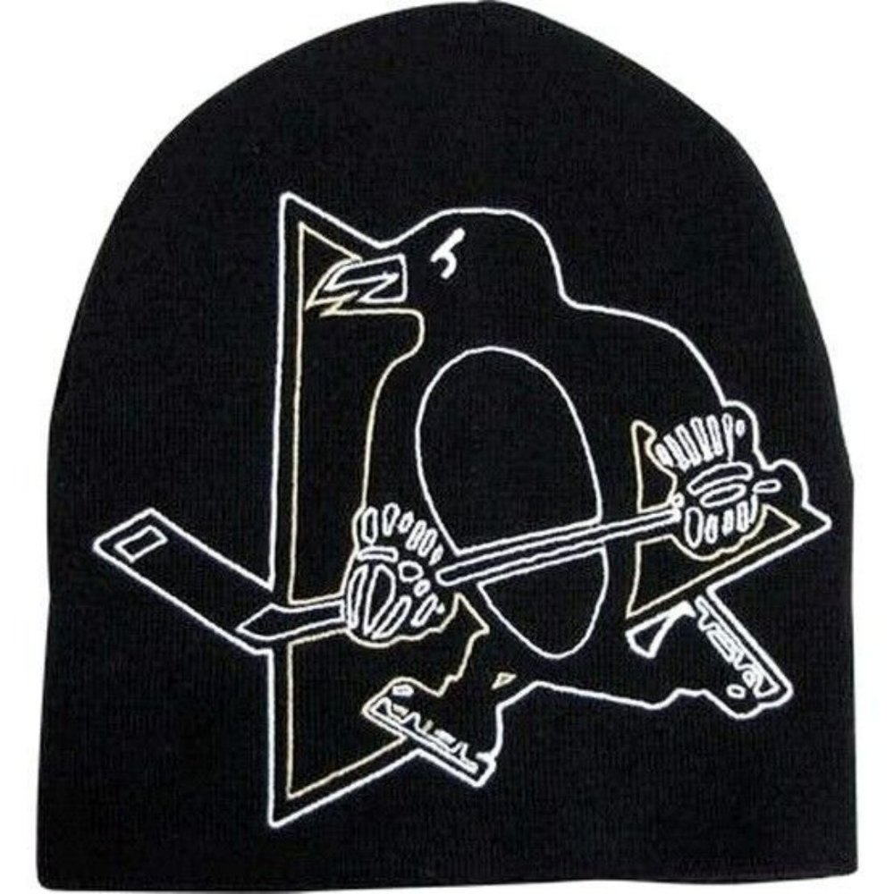 PITTSBURGH PENGUINS CUFFLESS KNIT BEANIE HAT STOCKING SKI CAP LARGER SIZE LOGO